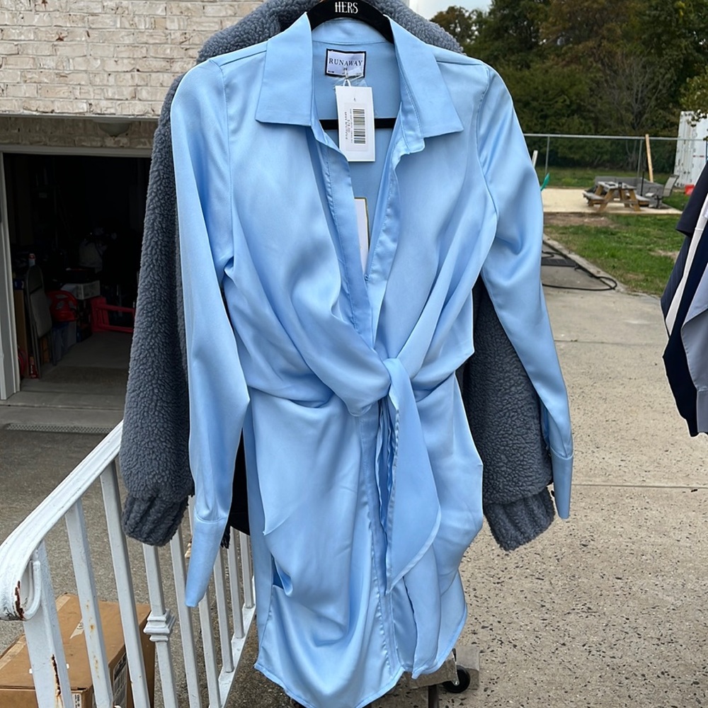 Butting down tie shirt dress. NEW WITH TAGS. Baby blue. Size XS. $35